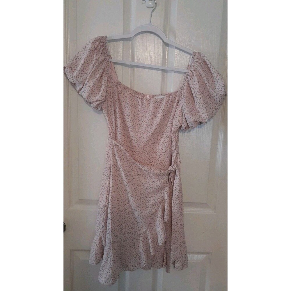 PRINCESS POLLY  Sz. 6 Pink Floral Puff Sleeve Faux Wrap Square Neck Dress .b57